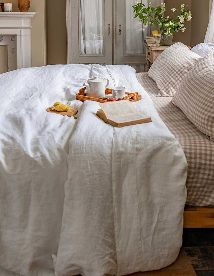 Mushroom Gingham Linen Fitted Sheet and Pillowcases, White Linen Duvet Cover