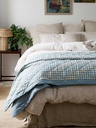 Warm Blue Gingham Linen Quilt