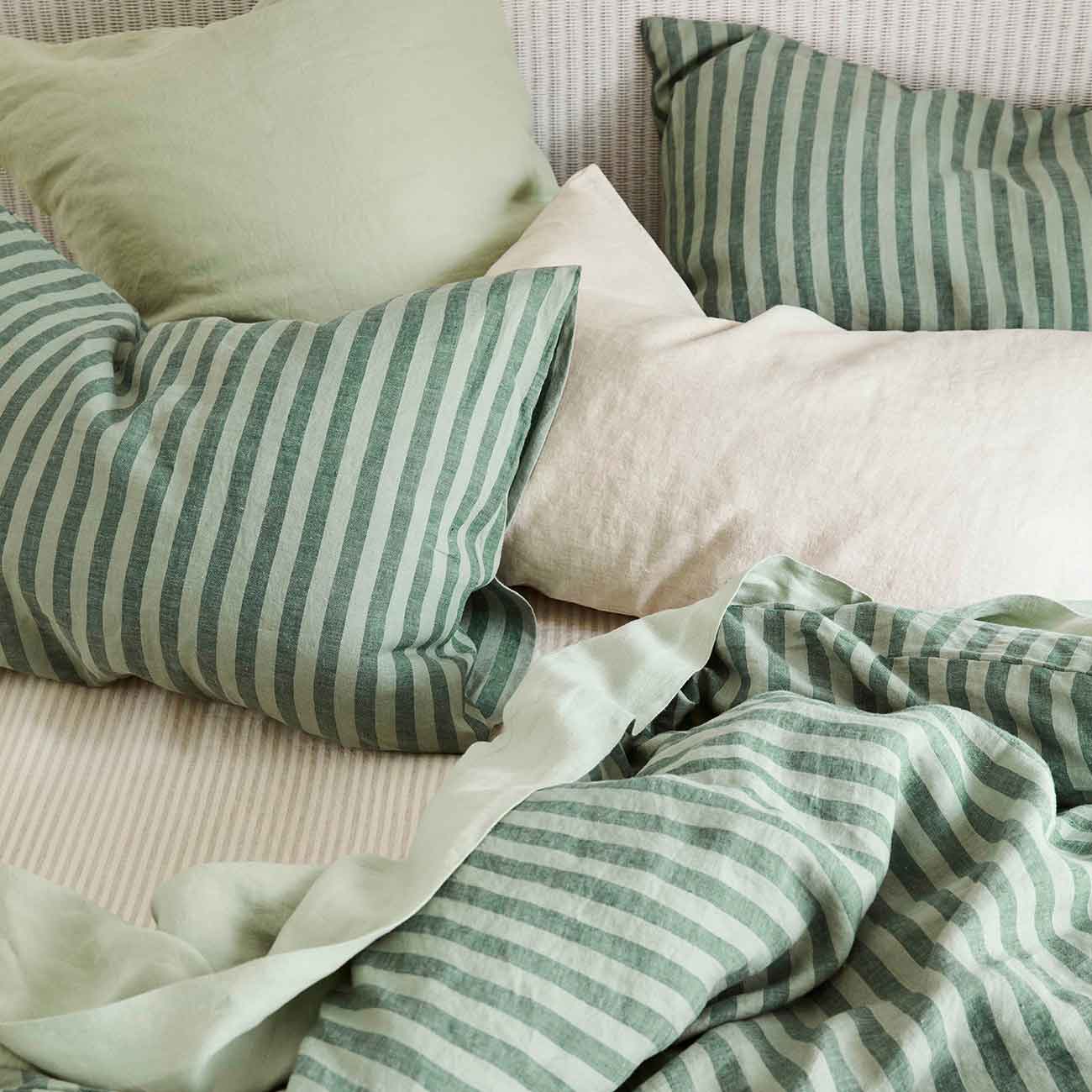 Pine Green Pembroke Stripe Linen Blend Pillowcase Pair Piglet in Bed US