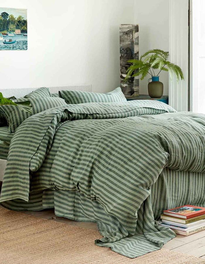Pine Green Stripe Linen Duvet Cover