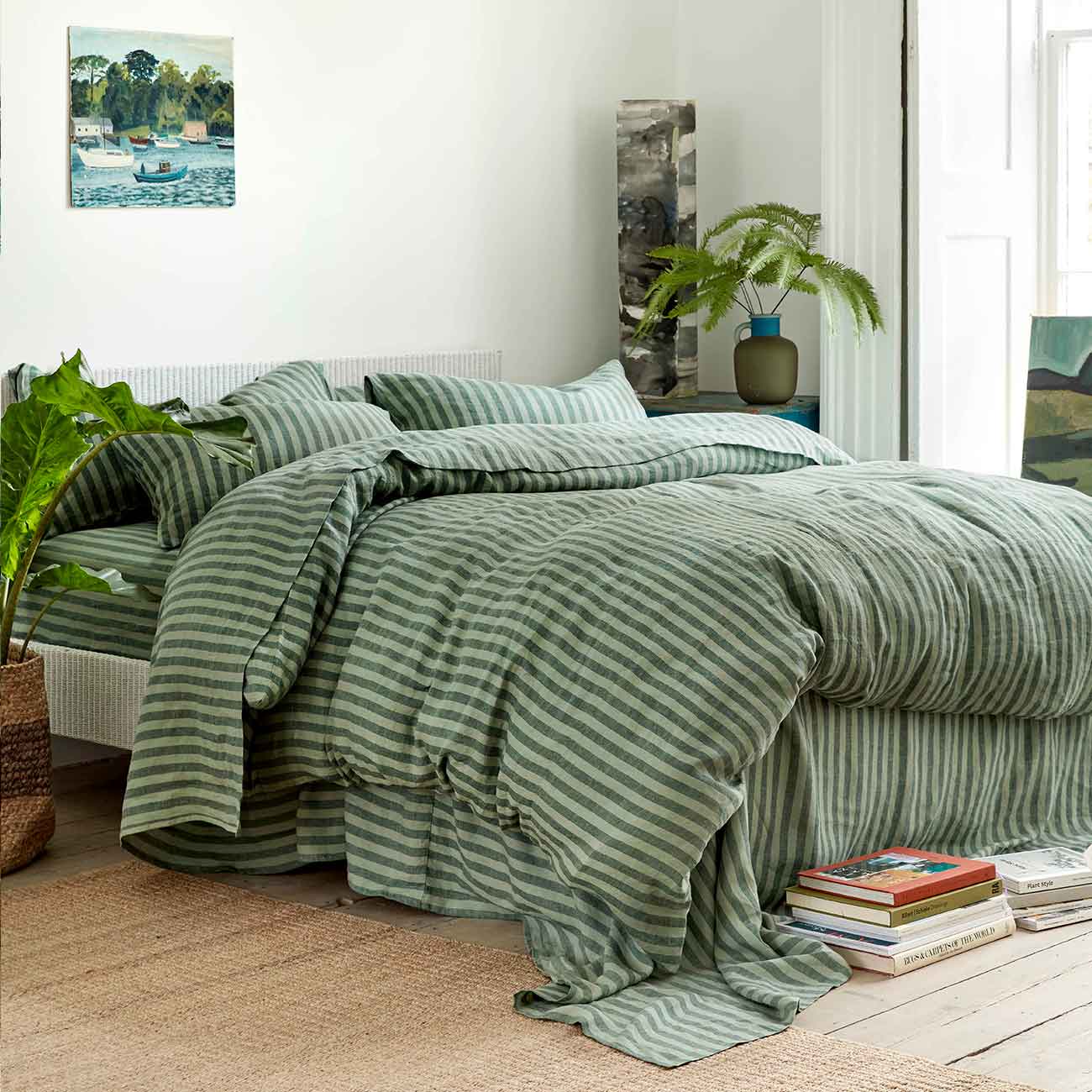 Pine Green Pembroke Stripe Linen Blend Duvet Cover - Queen