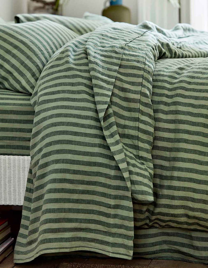 Pine Green Stripe Linen Flat Sheet