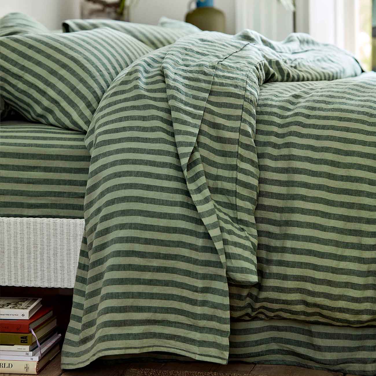 Pine Green Stripe Linen Flat Sheet