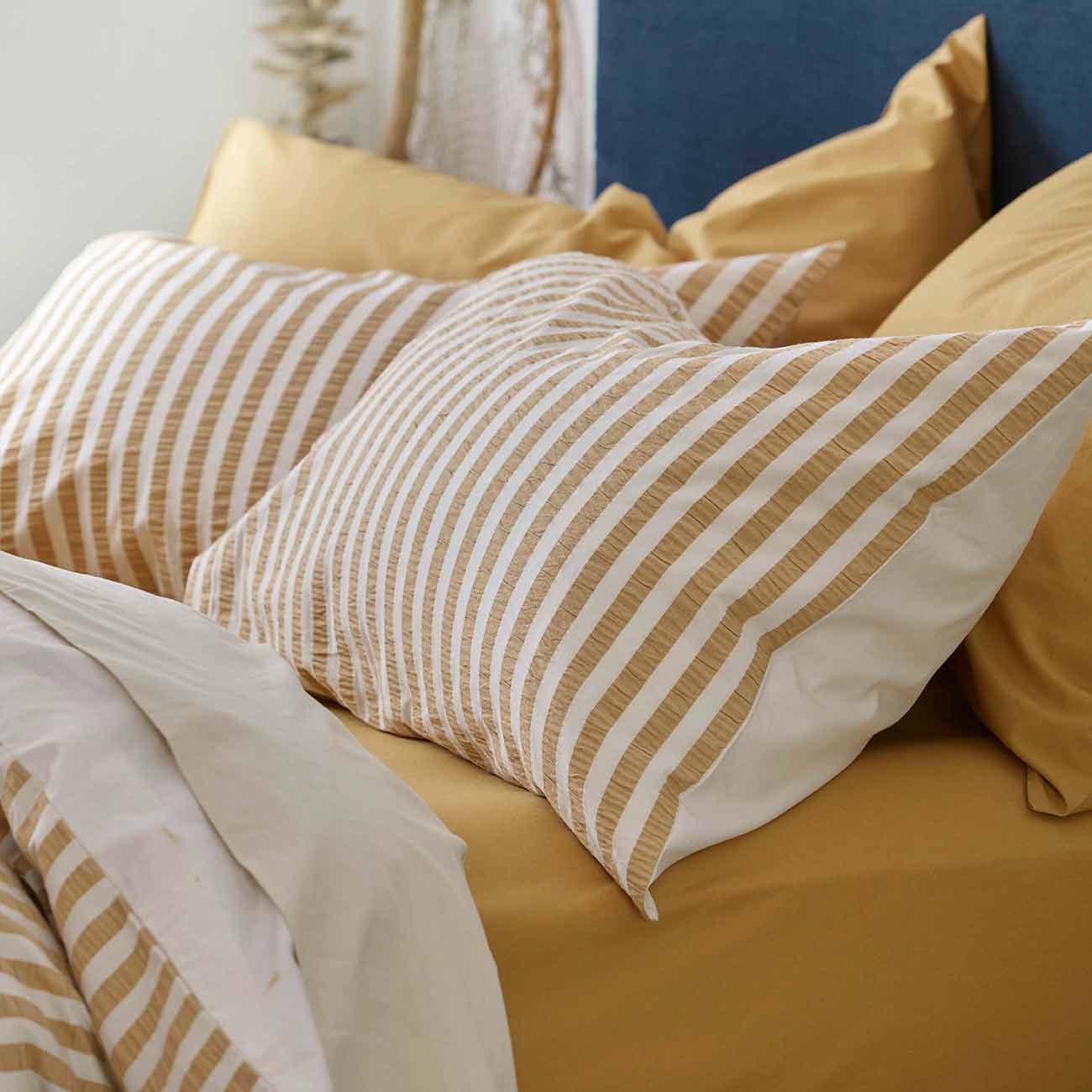 Ochre Seersucker Stripe Cotton Pillowcases (Pair)