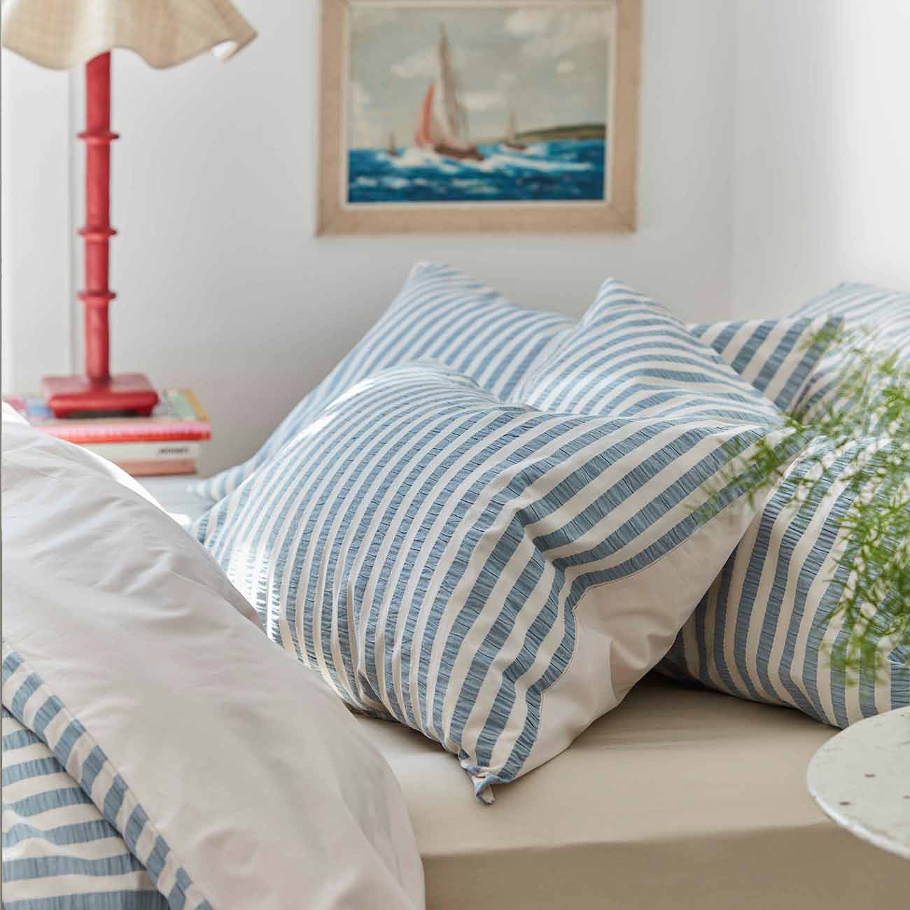 Warm Blue Seersucker Stripe Cotton Bedding