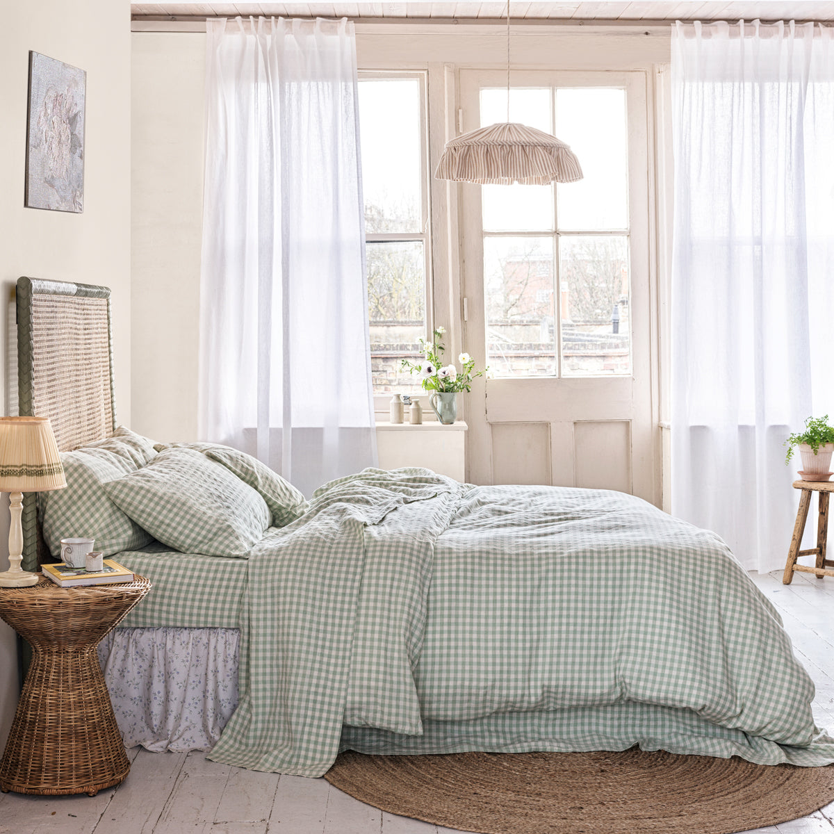 Sage Green Gingham Linen Blend Duvet Cover