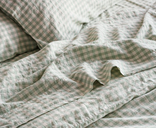 Sage Green Gingham Linen Blend Flat Sheet
