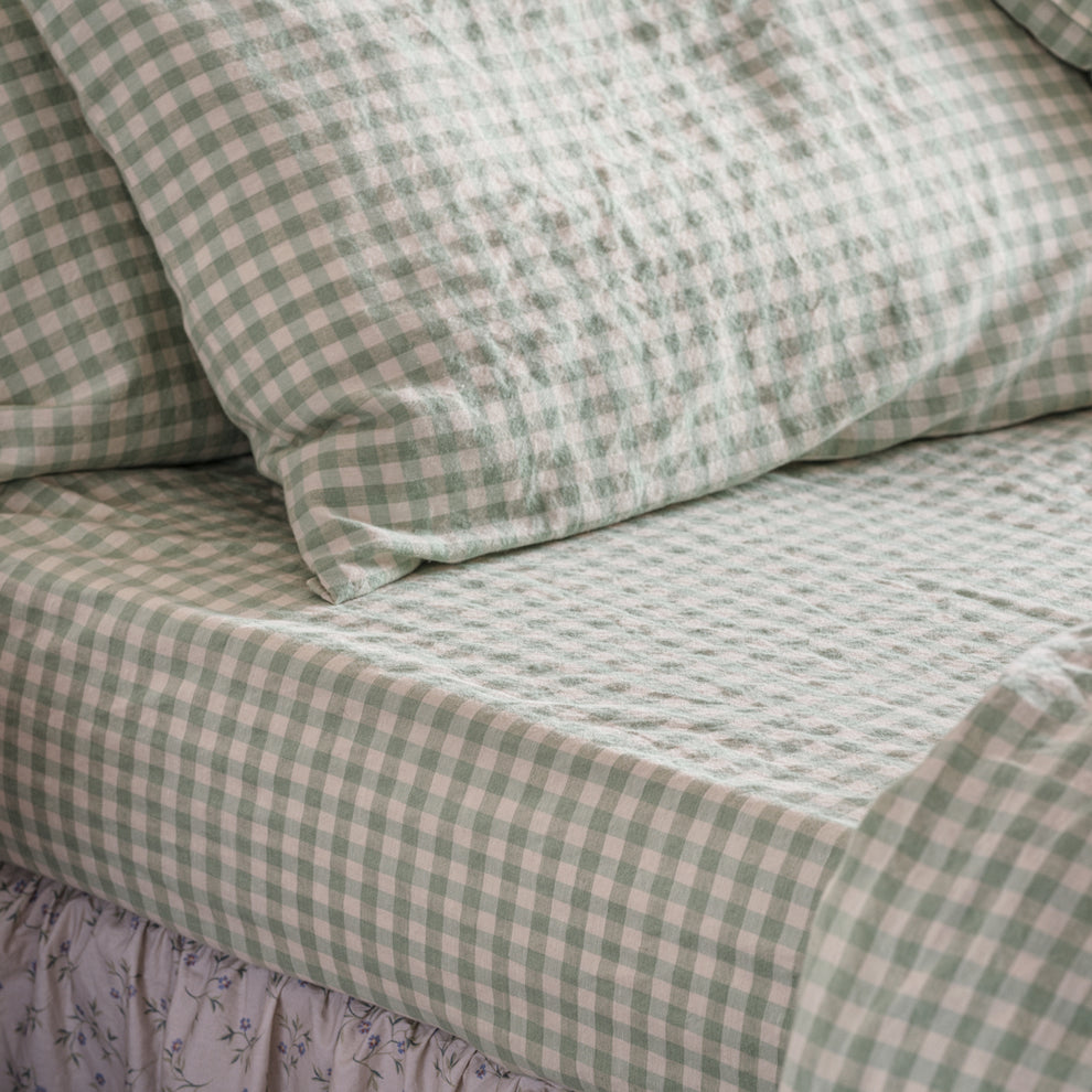 Sage Green Gingham Linen Blend Duvet Cover | Piglet in Bed US