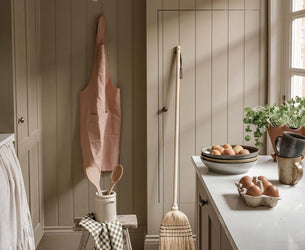 Warm Clay Linen Apron and Botanical Green Gingham Tea Towels,