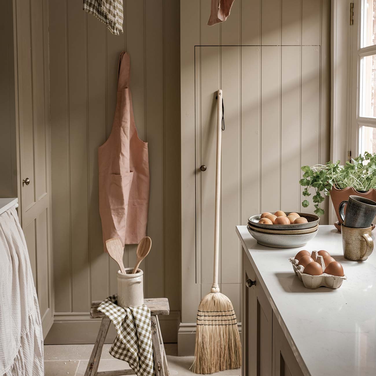 Warm Clay Linen Apron and Botanical Green Gingham Tea Towels,