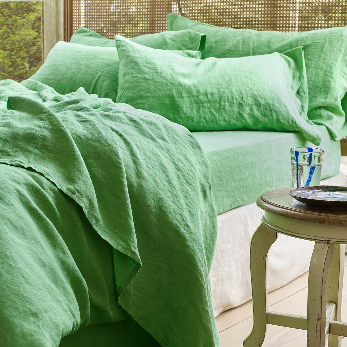 Mushroom Gingham Linen Flat Sheet Piglet in Bed US