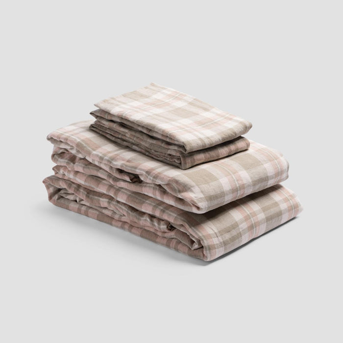 Taupe Plaid 100% Linen Sheet Set