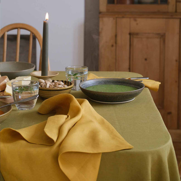 Honey Linen Napkin and Botanical Green Linen Tablecloth