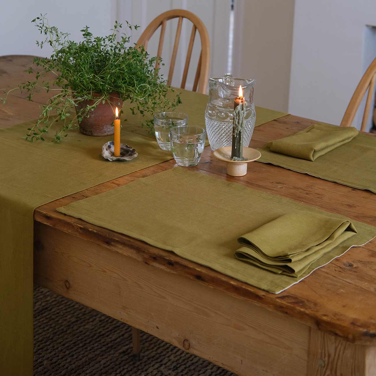 Botanical Green Linen Placemats, Napkins and Runner