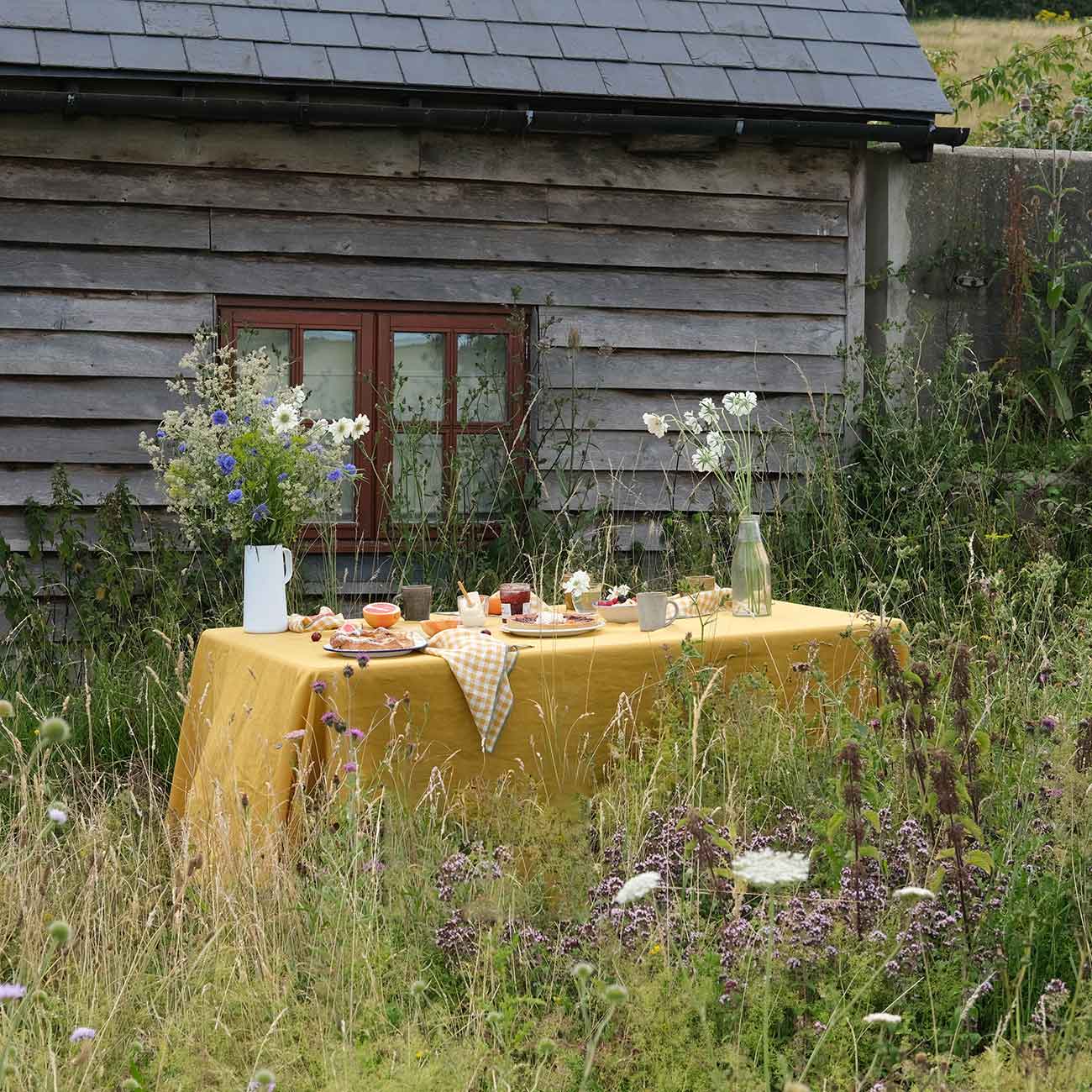 Honey Linen Tablecloth and Honey Gingham Linen Napkins