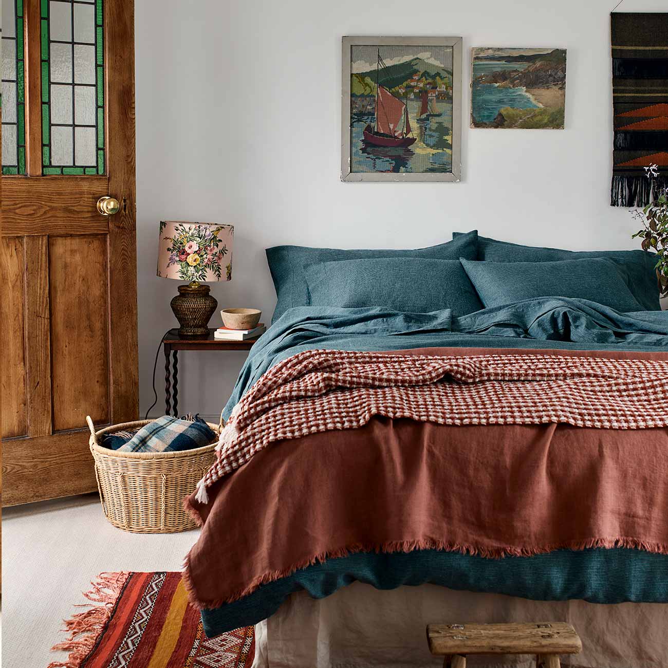 Teal Waffle Chambray Linen Bedding