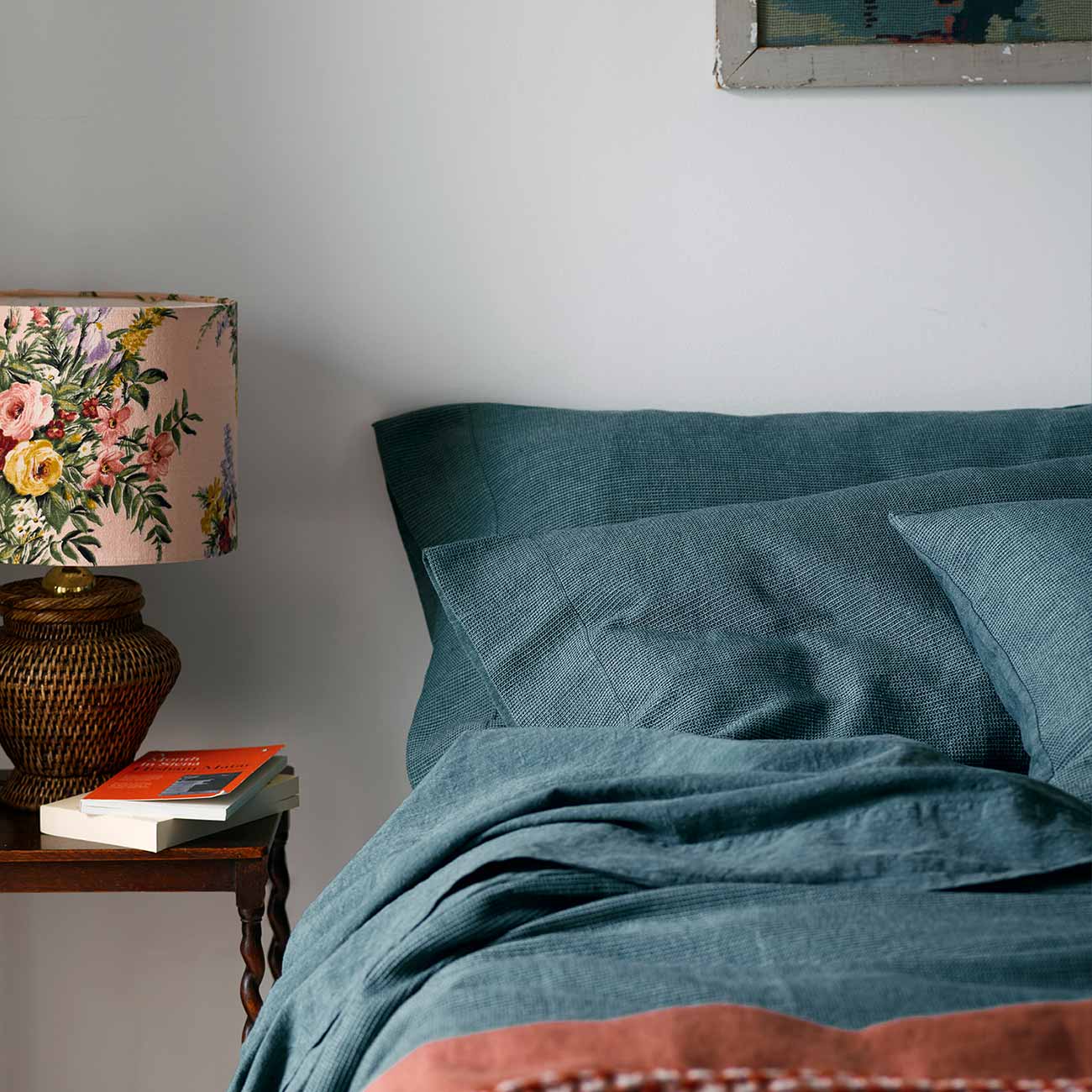 Teal Waffle Chambray Linen Bedding