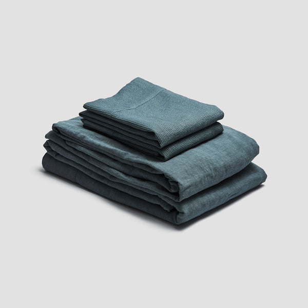 Teal Waffle Chambray Linen Sheet Set
