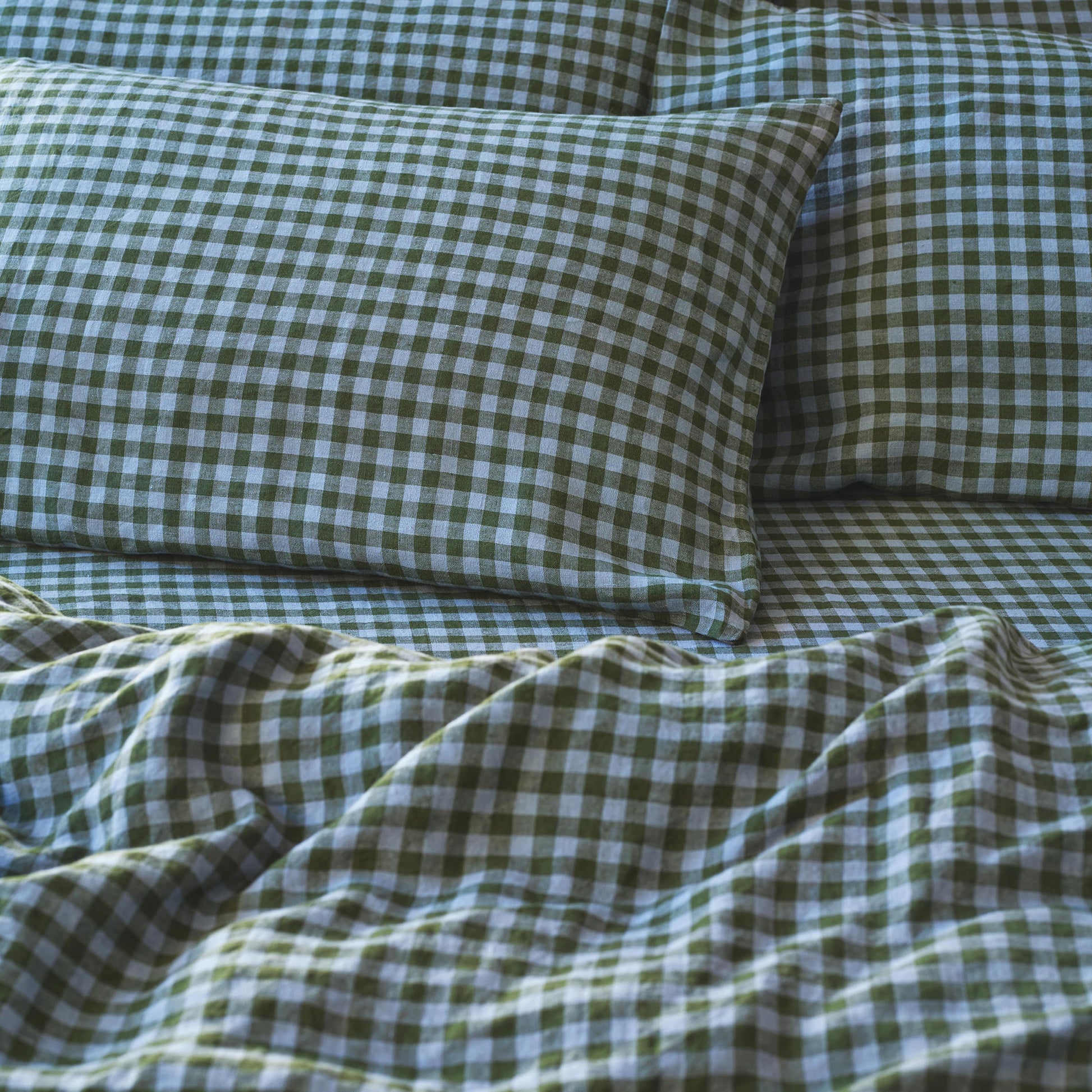 Fern Green & Dusk Blue Color Drenched Gingham 100% Linen Pillowcases (Pair)