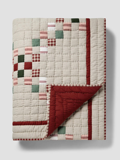 Red Check Piped Edge Patchwork Quilt - alternate image