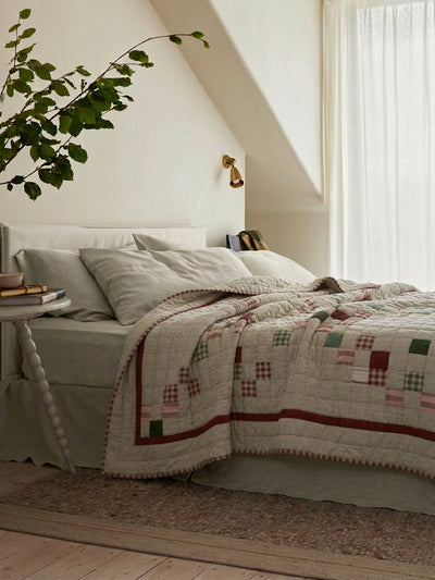 Red Check Piped Edge Patchwork Quilt