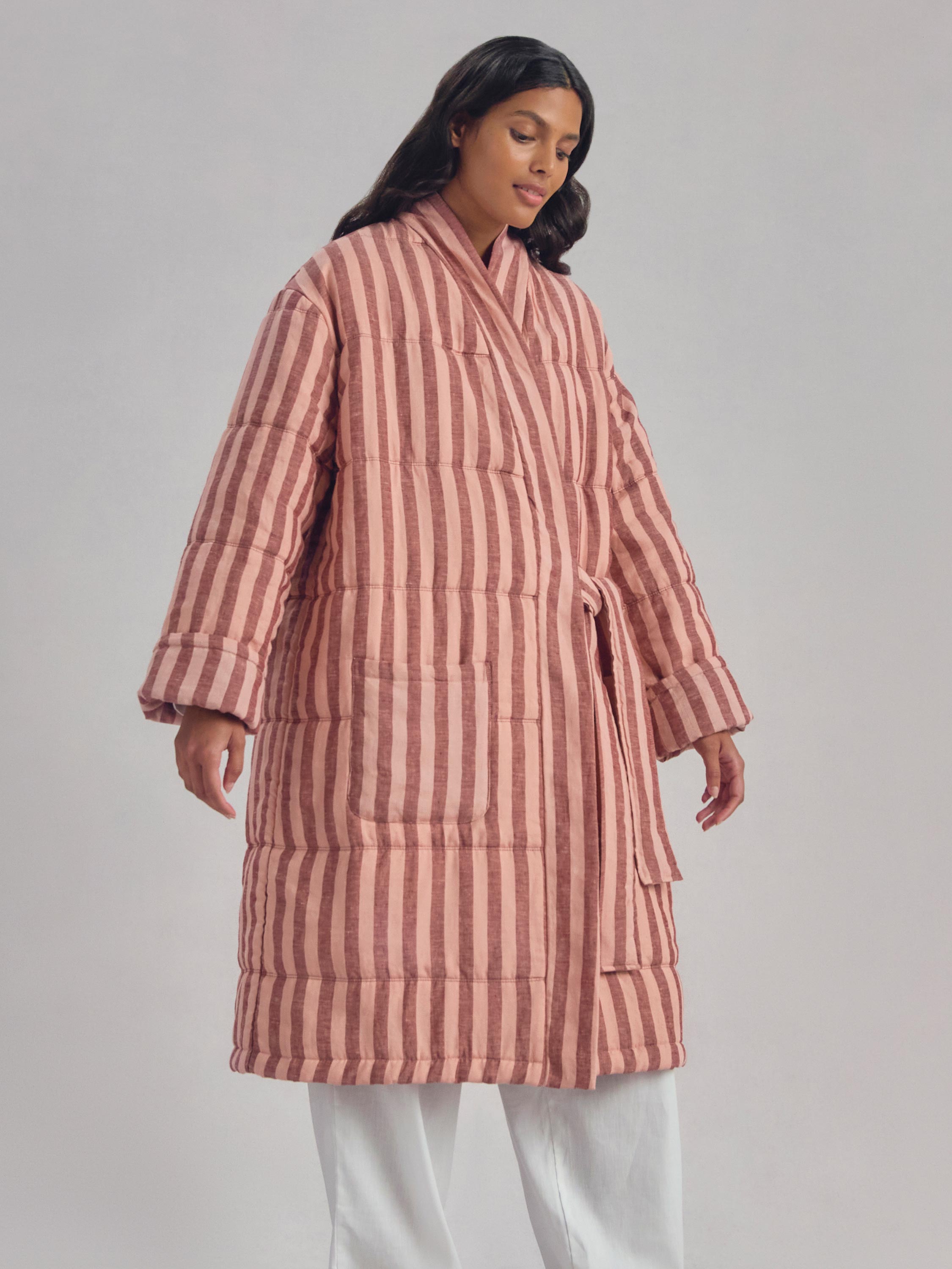 Rhubarb & Rose Pembroke Stripe Linen Blend Housecoat | Piglet in Bed US