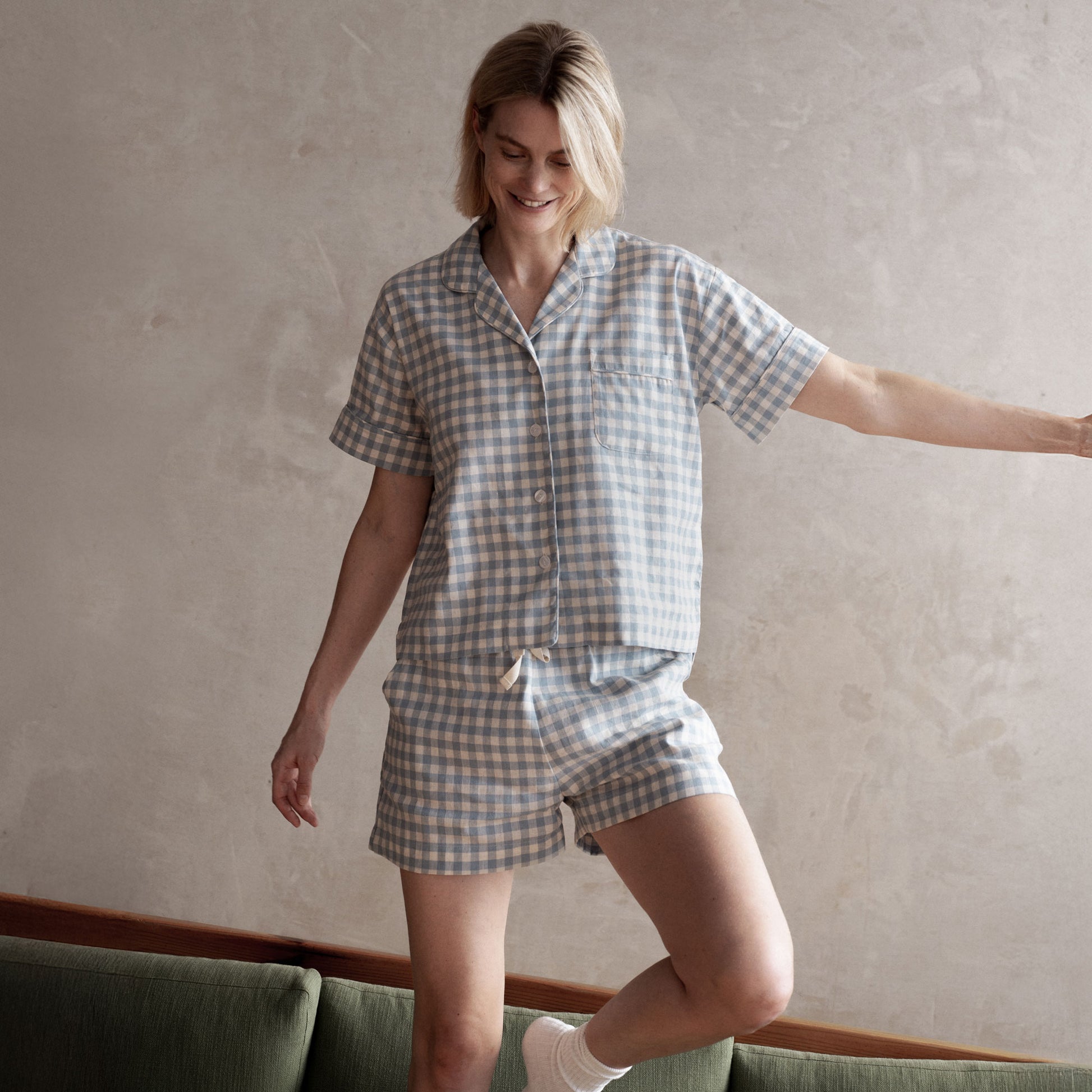 Warm Blue Gingham Linen Blend Pajama Short Set