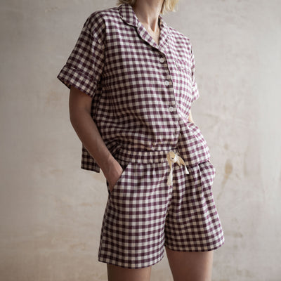 Berry Gingham Linen Blend Pajama Short Set