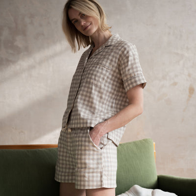 Mushroom Gingham Linen Blend Pajama Short Set