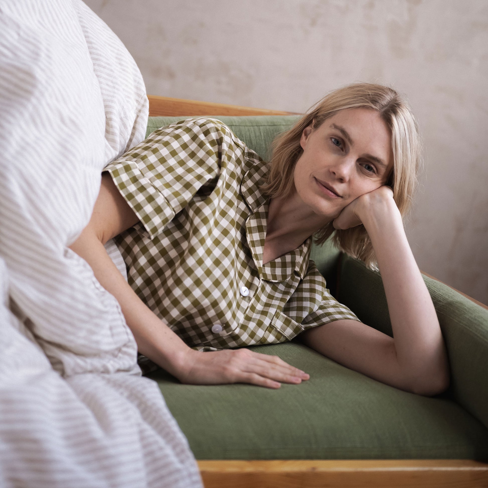 Botanical Green Gingham Linen Blend Pajama Short Set