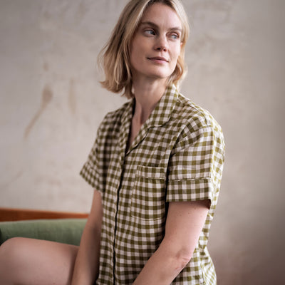 Botanical Green Gingham Linen Blend Pajama Short Set - alternate image