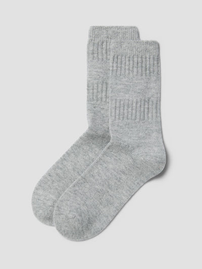 A pair of light gray ribbed crew socks displayed against a neutral light gray background.