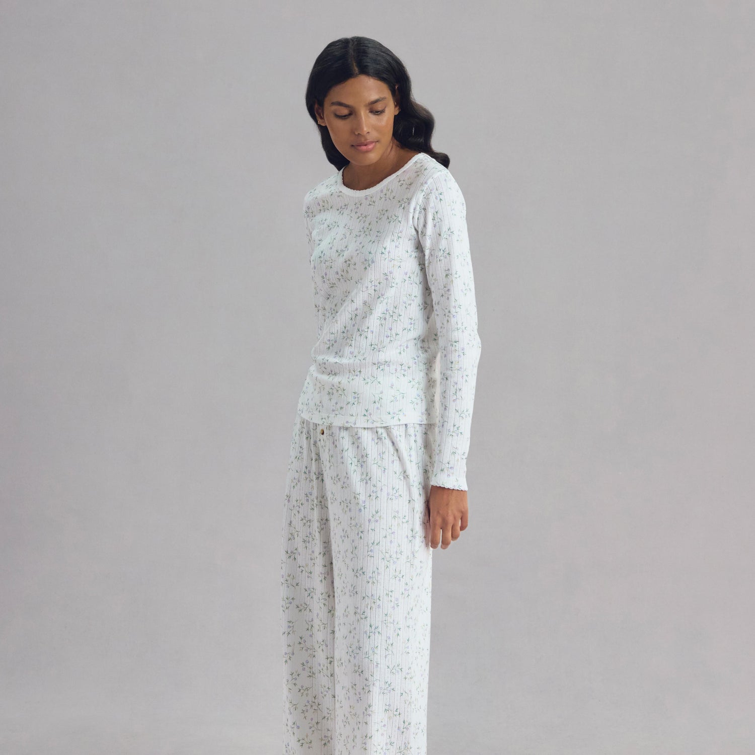 Cotton Pointelle Long Sleeve Tops