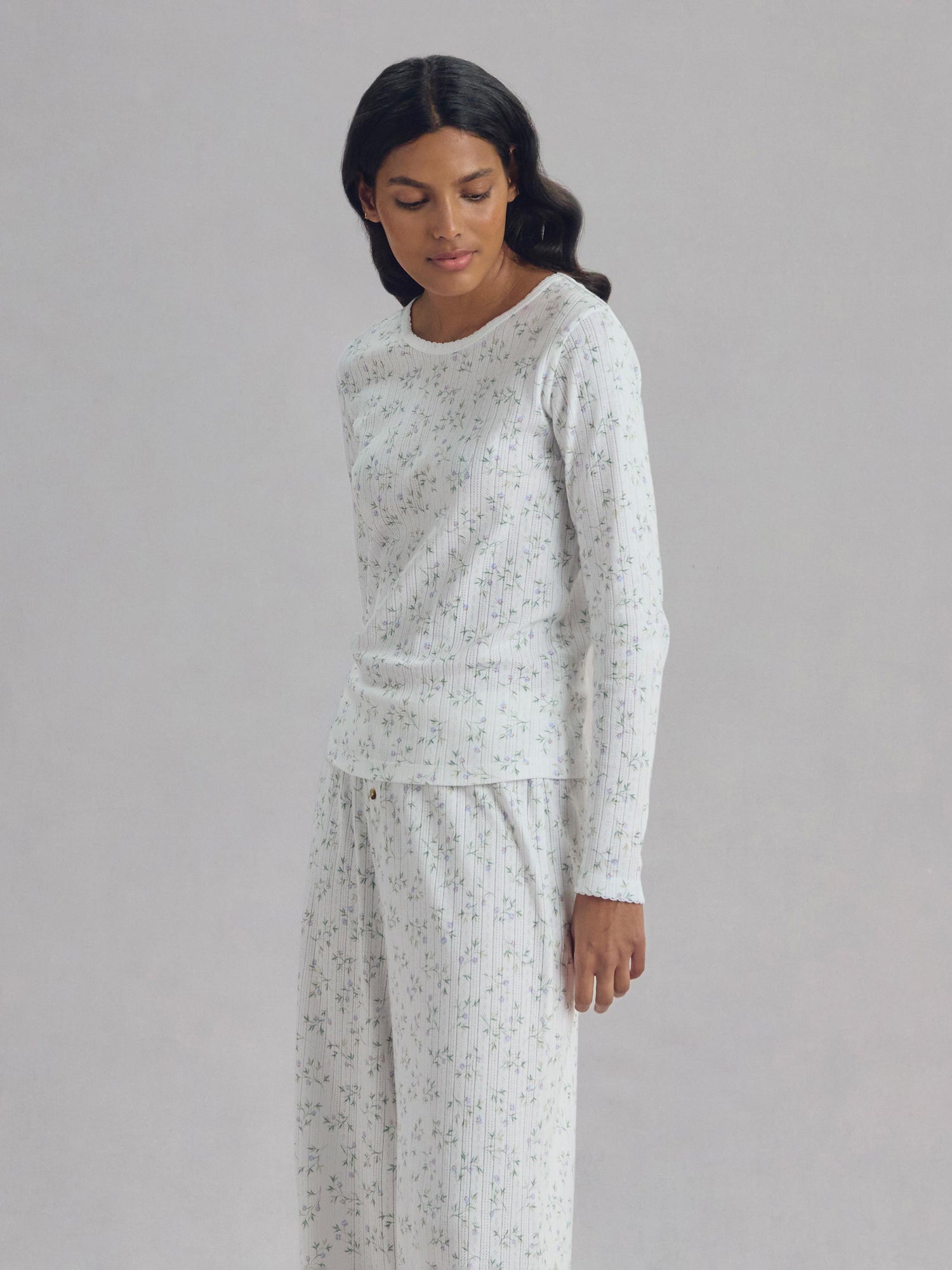 Cotton Pointelle Long Sleeve Tops