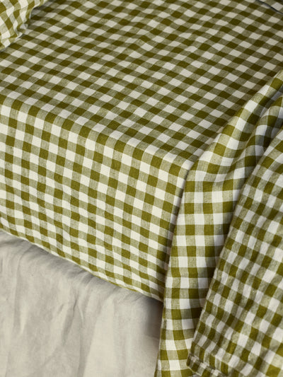 Botanical Green Gingham 100% Linen Fitted Sheet