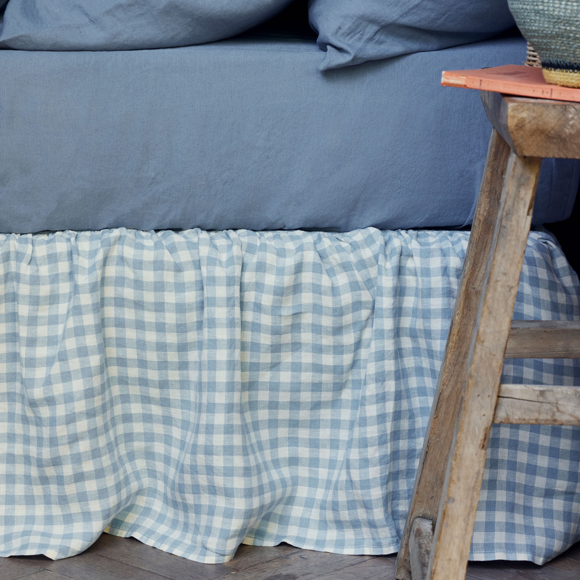 Warm Blue Gingham Linen Blend Bed Skirt Size Queen by Piglet in Bed