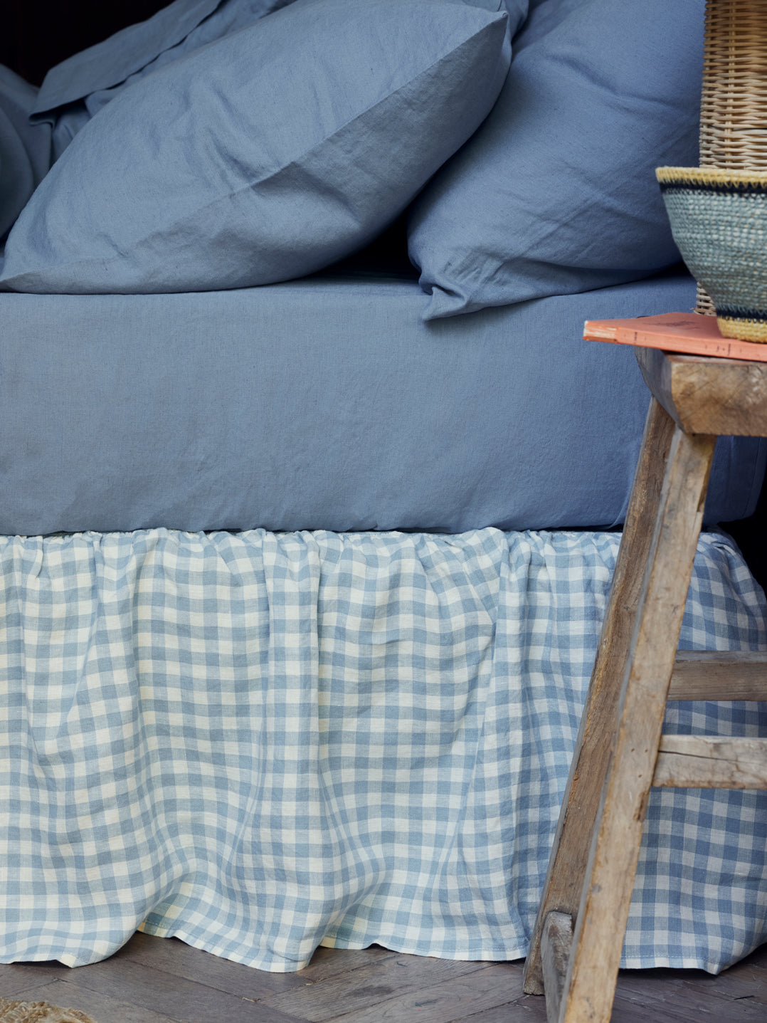 Warm Blue Gingham Linen Blend Bed Skirt