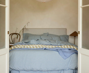 Warm Blue Gingham Linen Blend Duvet Cover