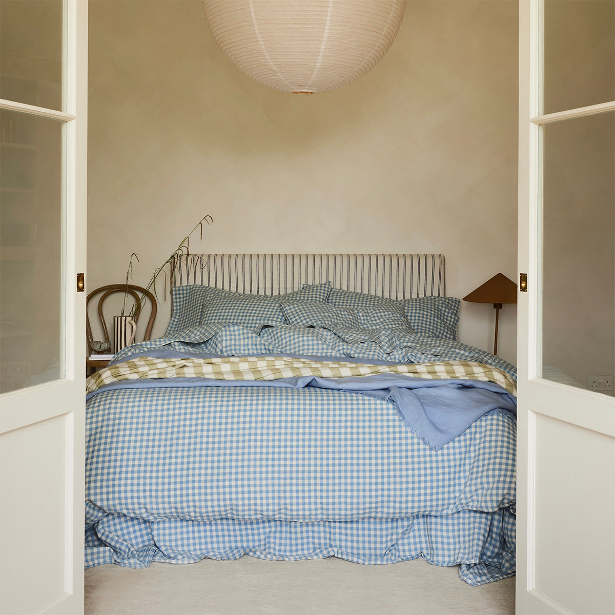 Warm Blue Gingham Linen Blend Duvet Cover