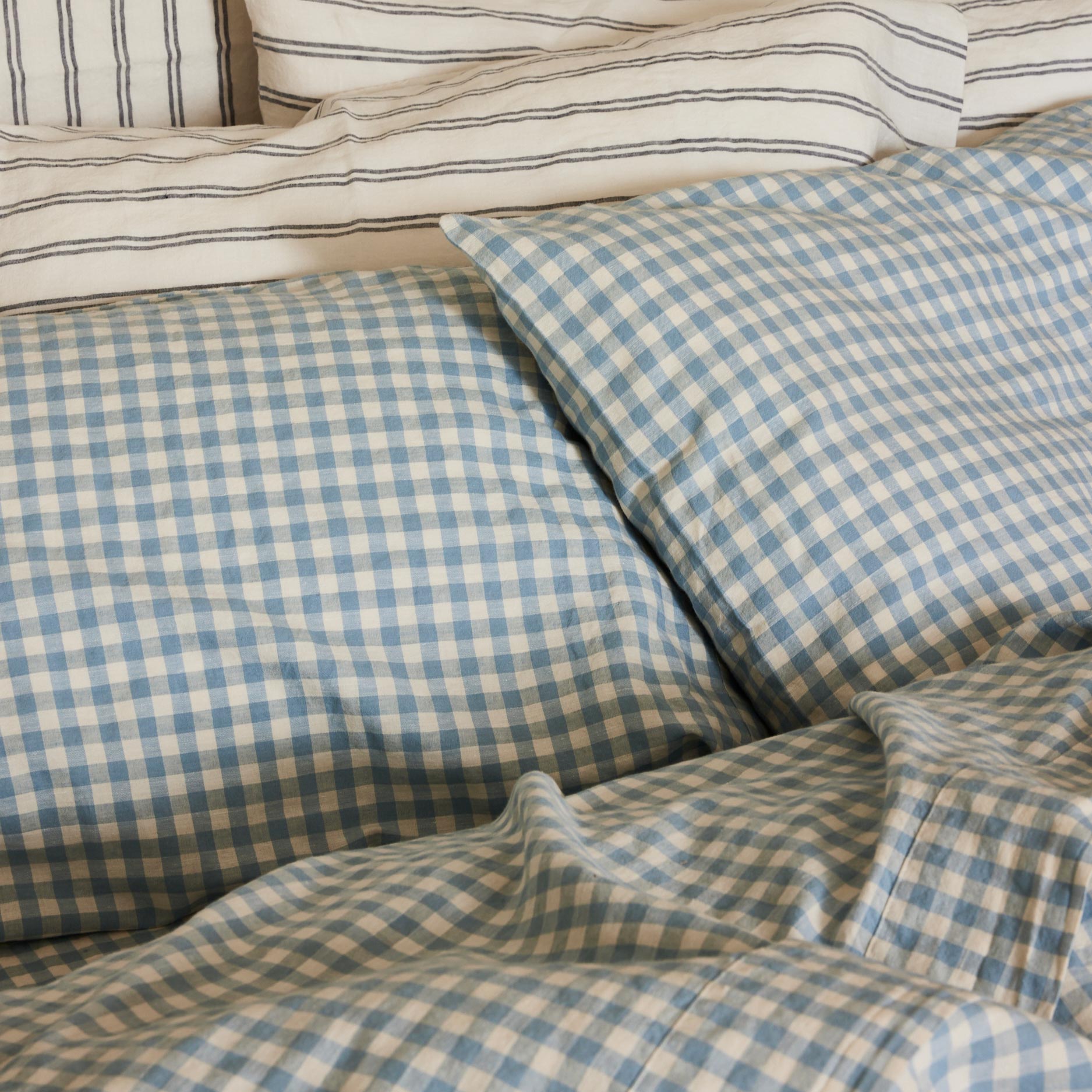 Warm Blue Gingham 100% Linen Pillowcases (Pair)
