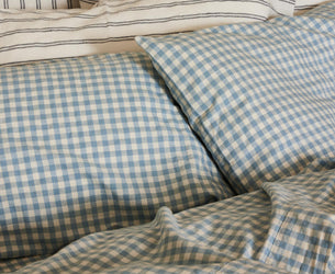 Warm Blue Gingham Linen Blend Pillowcase (Pair)