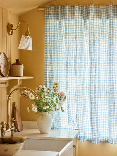 Warm Blue Gingham Linen Blend Curtains (Pair) - alternate image