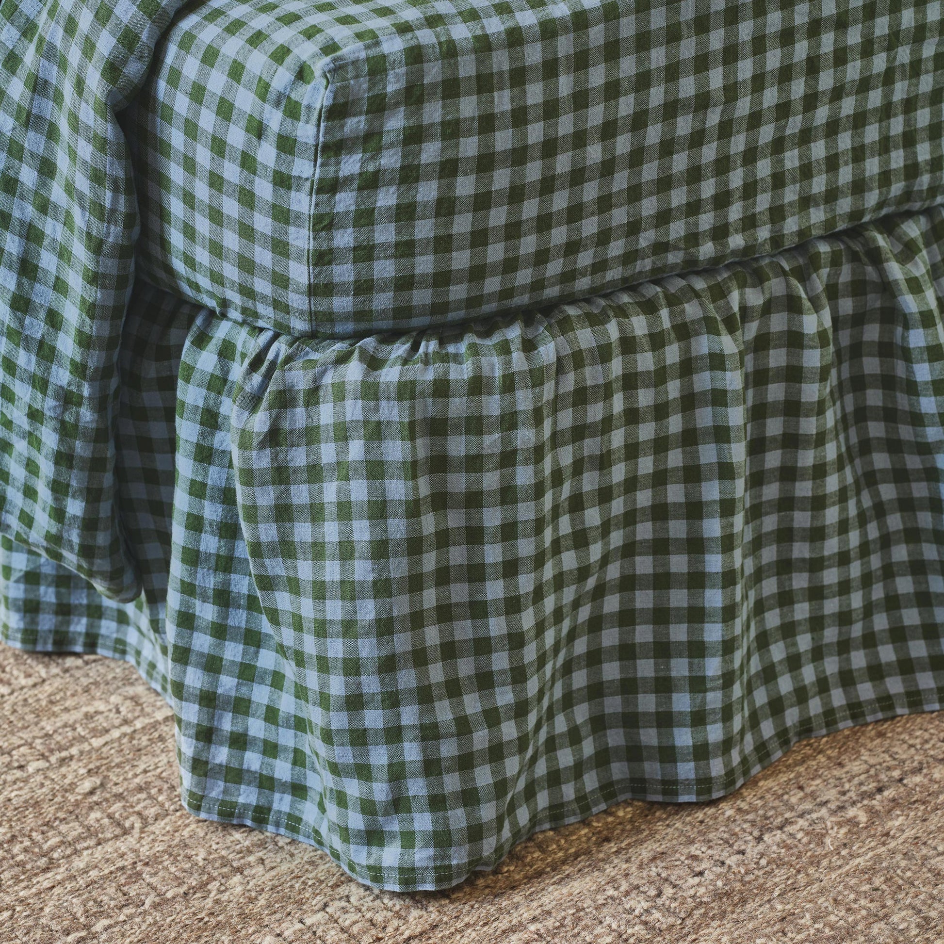 Fern Green & Dusk Blue Color Drenched Gingham Linen Blend Bed Skirt