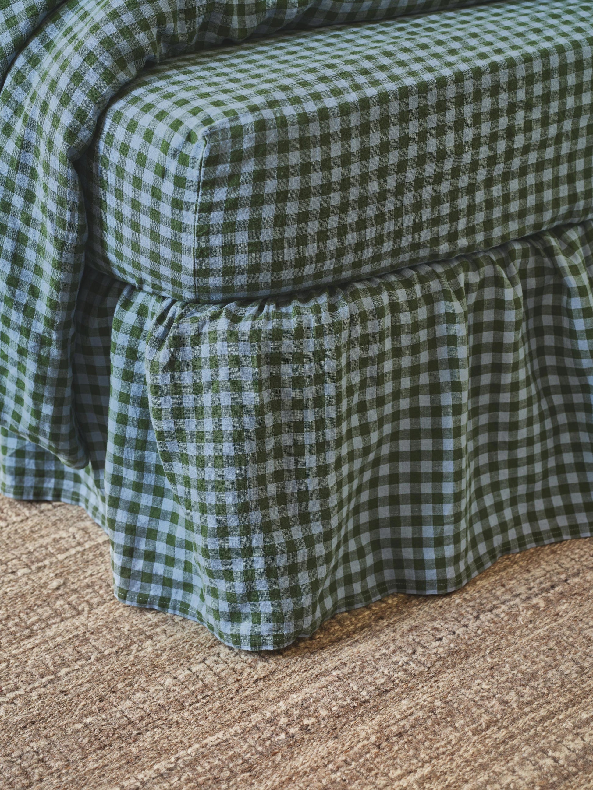 Fern Green & Dusk Blue Color Drenched Gingham Linen Blend Bed Skirt