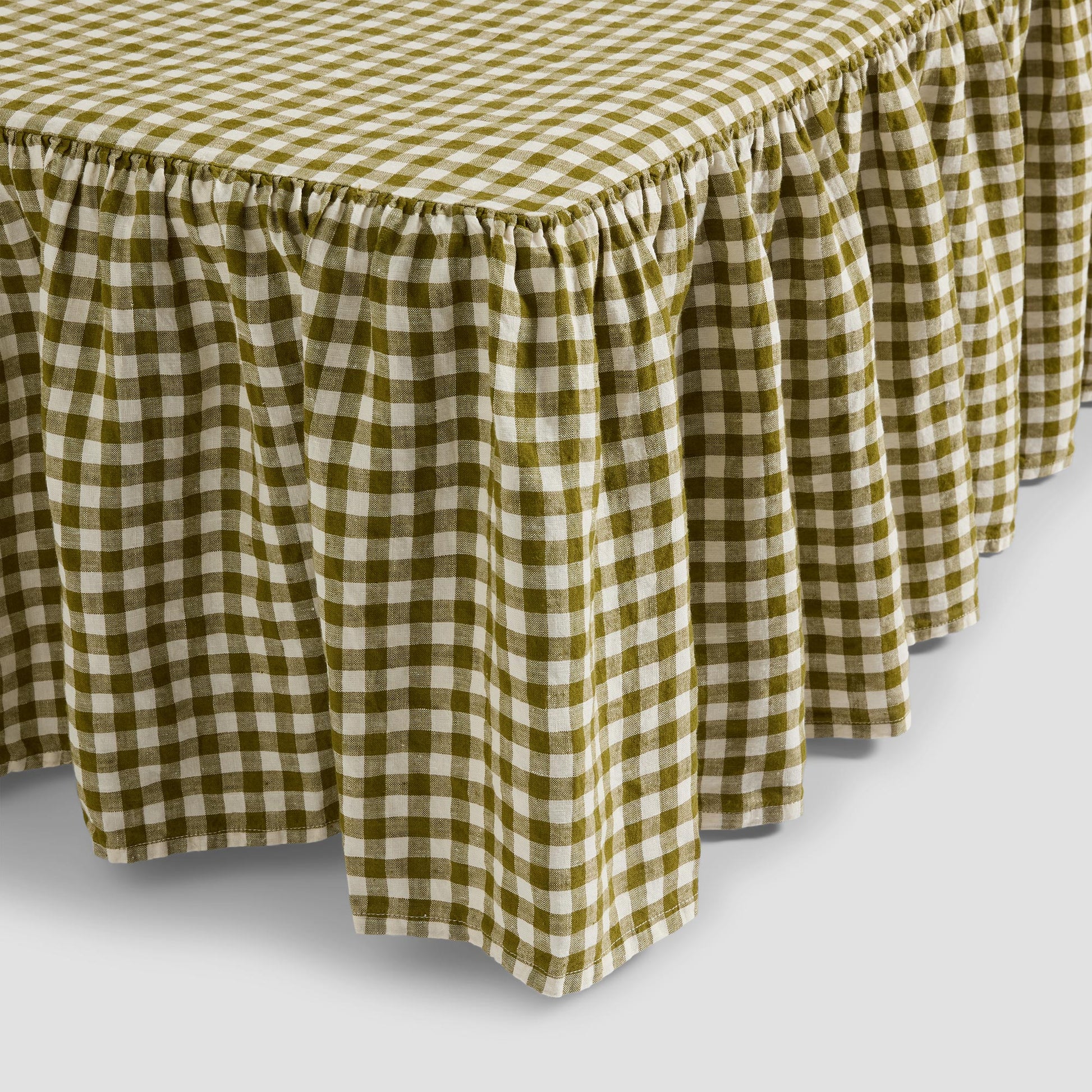 Botanical Green Gingham 100% Linen Bed Skirt
