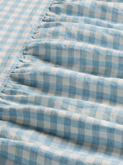 Warm Blue Gingham Linen Blend Bed Skirt