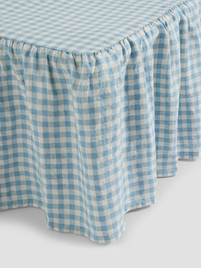 Warm Blue Gingham Linen Blend Bed Skirt