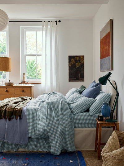 Warm Blue Gingham 100% Linen Duvet Cover - alternate image