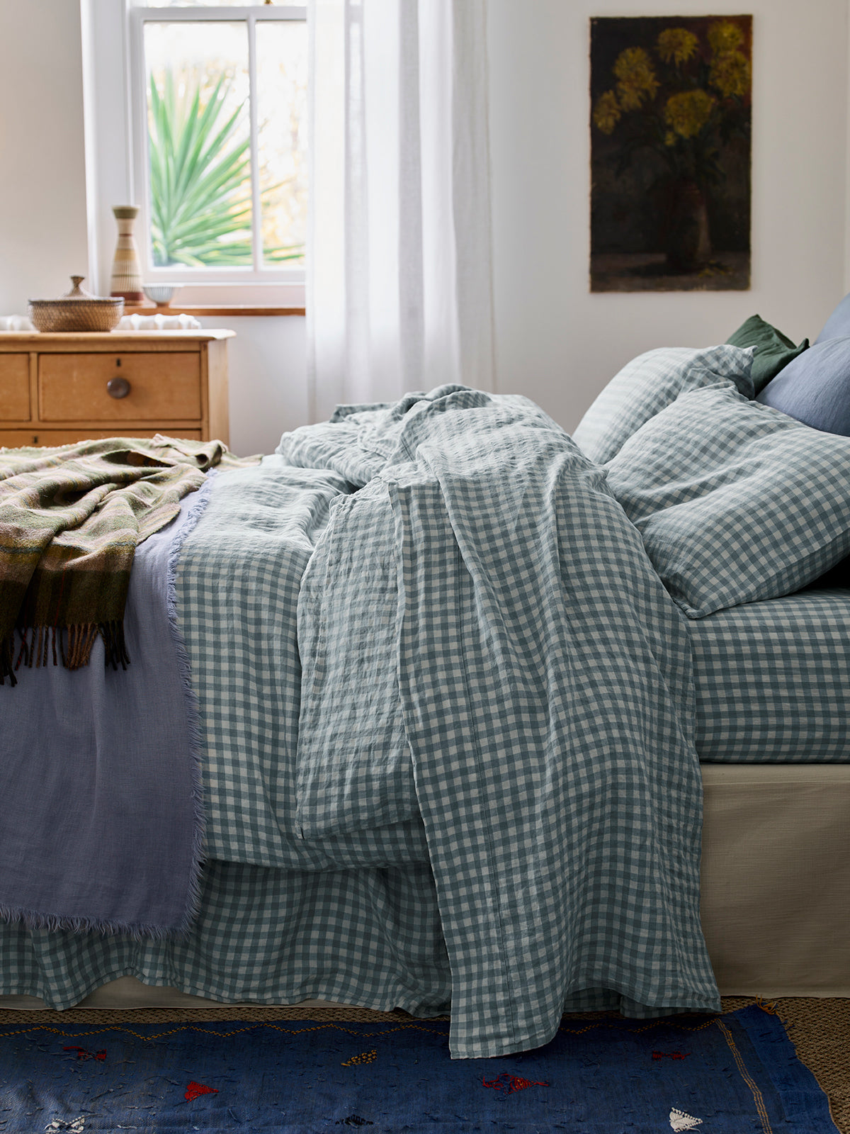 Warm Blue Gingham Linen Blend Flat Sheet