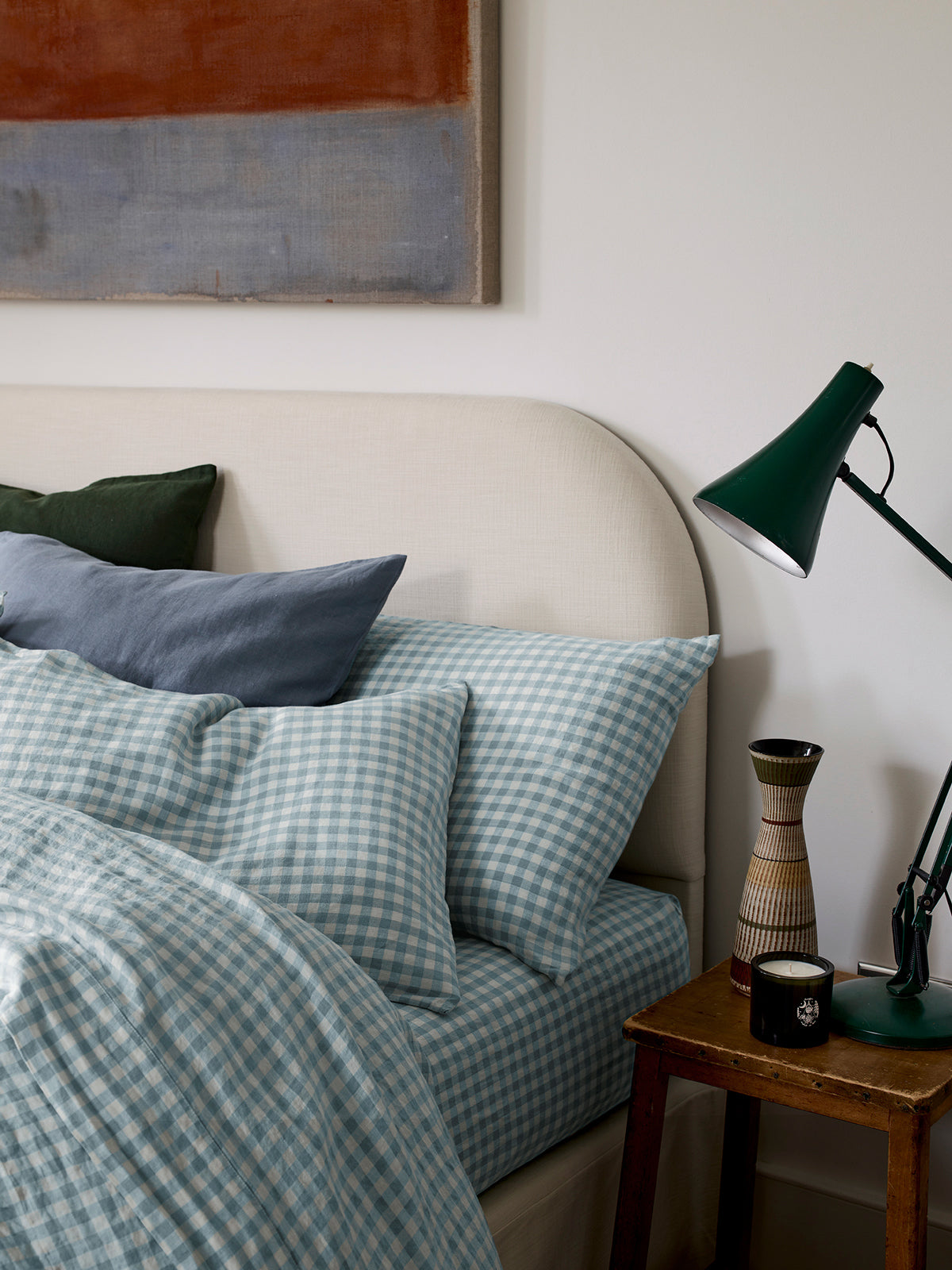 Warm Blue Gingham Linen Blend Pillowcase (Pair)